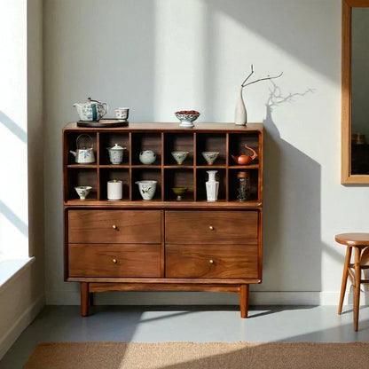 Multi-Compartment Wooden Tea Cabinet – Solid Wood Storage - Rustira