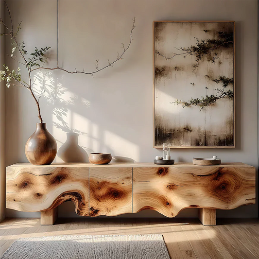 Natural Burl Flow Solid Wood TV Console – Wabi Sabi Organic Design - Rustira