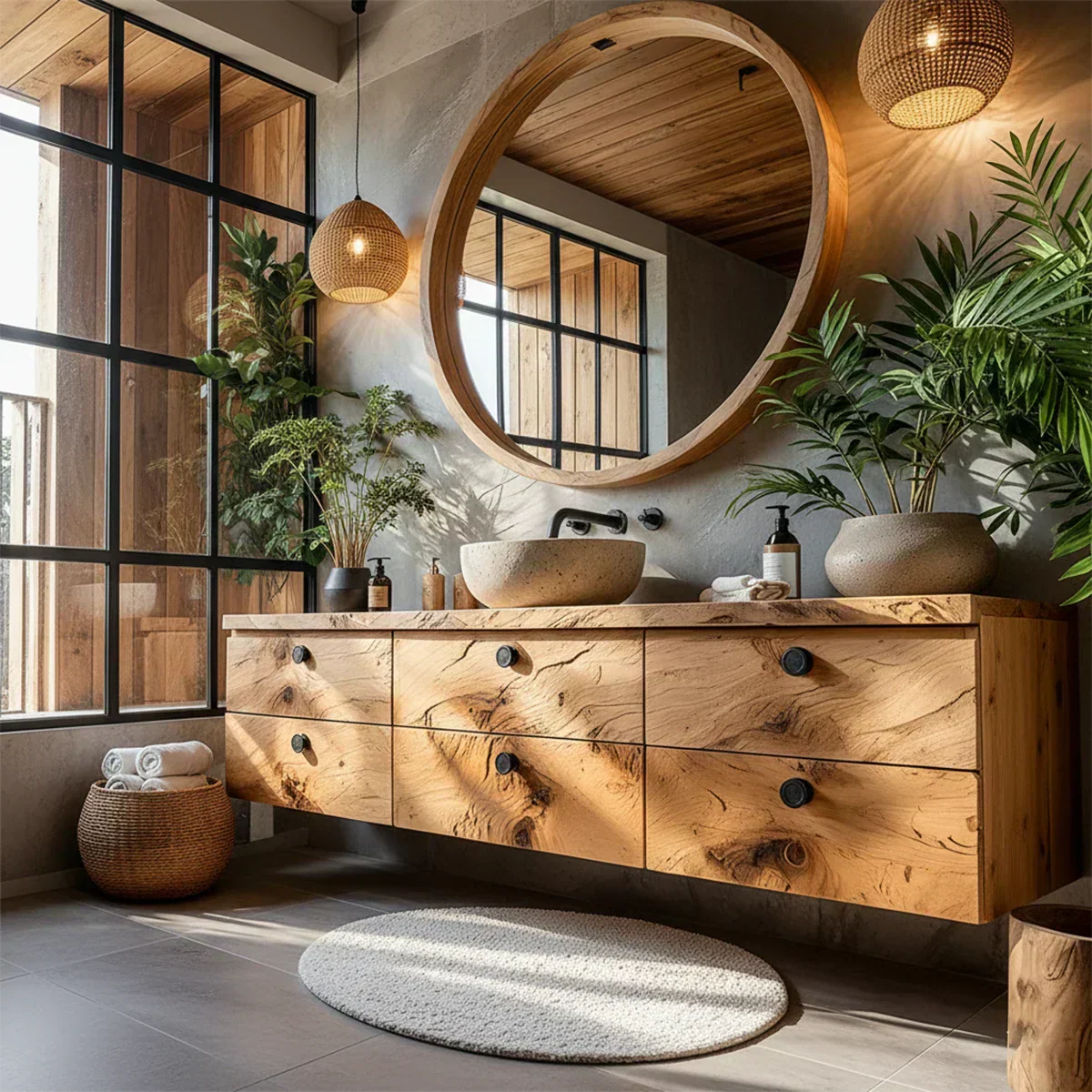 Natural Knotted Wood Floating Vanity with Round Mirror - Rustira