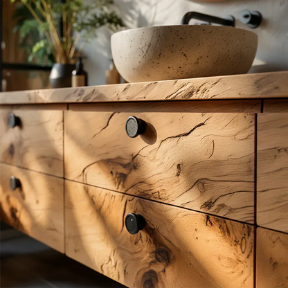 Natural Knotted Wood Floating Vanity with Round Mirror - Rustira