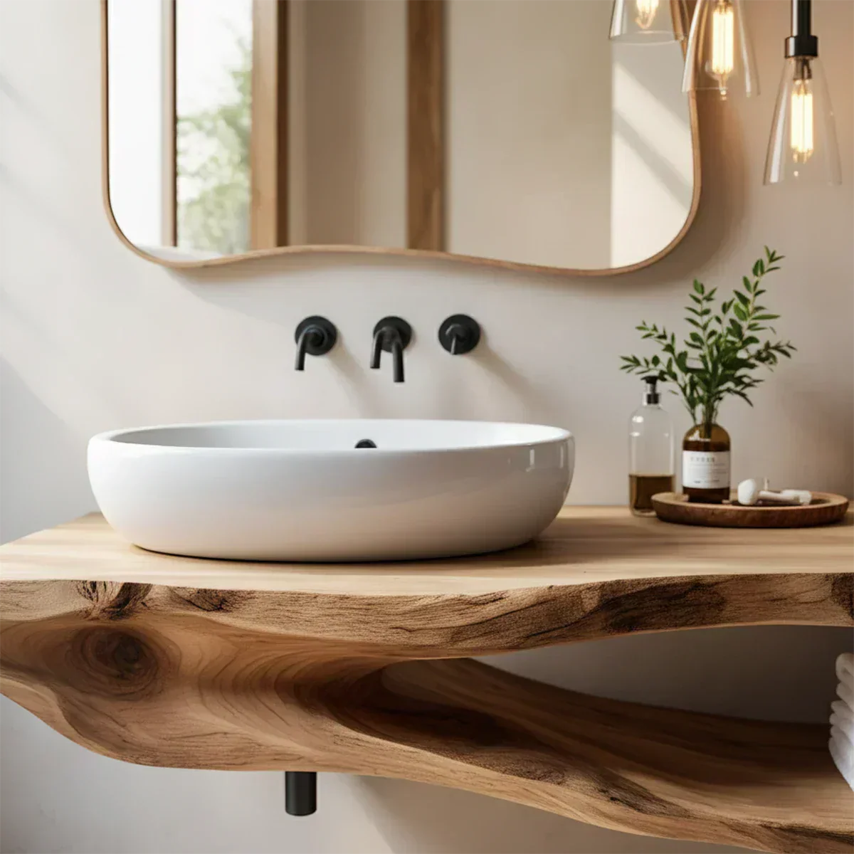 Organic Solid Wood Floating Bathroom Vanity With Open Shelf - Rustira