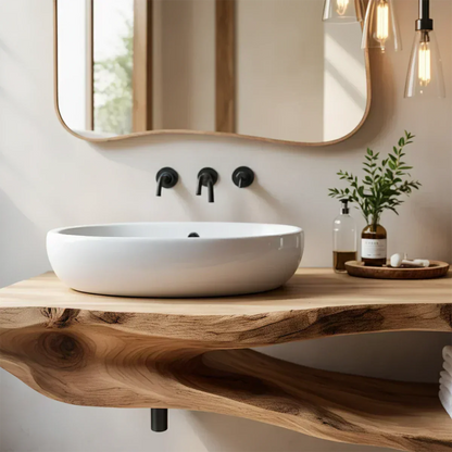 Organic Solid Wood Floating Bathroom Vanity With Open Shelf - Rustira