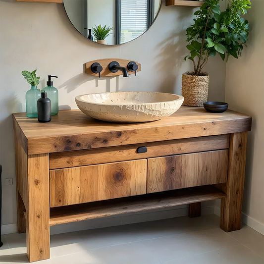Natural Solid Wood Vanity with Carved Stone Basin - Rustira