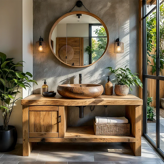 Natural Solid Wood Vanity with Door Cabinet & Open Shelf - Rustira