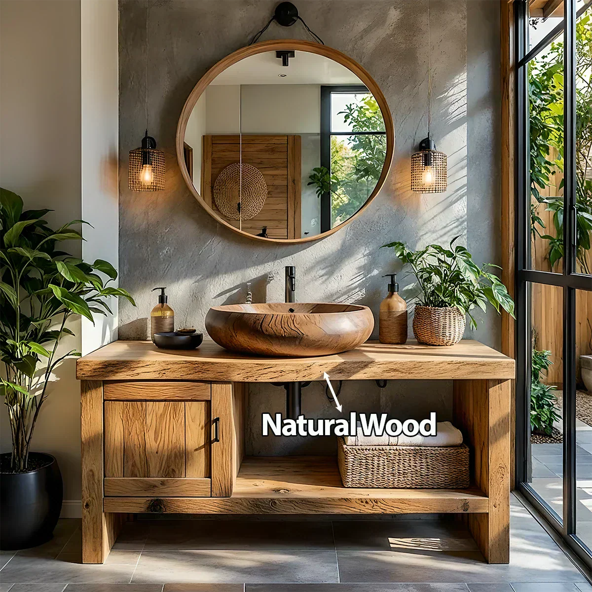Natural Solid Wood Vanity with Door Cabinet & Open Shelf - Rustira