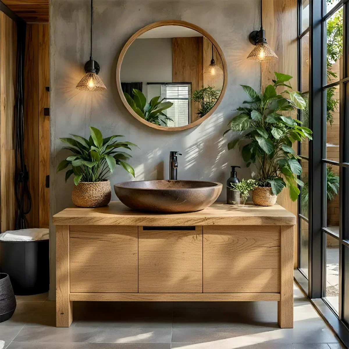 Natural Solid Wood Vanity with Smooth-Corner Frame & Center Cabinet - Rustira