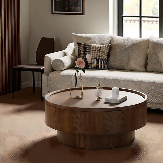 Natural Wood Round Coffee Table – Hidden Storage Shelf, Modern Design