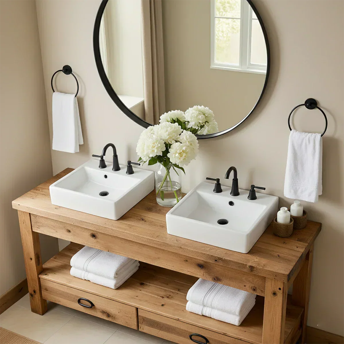 Open Frame Double Sink Solid Wood Vanity – Japandi Rustic Design - Rustira