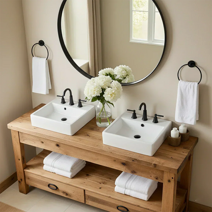 Open Frame Double Sink Solid Wood Vanity – Japandi Rustic Design - Rustira