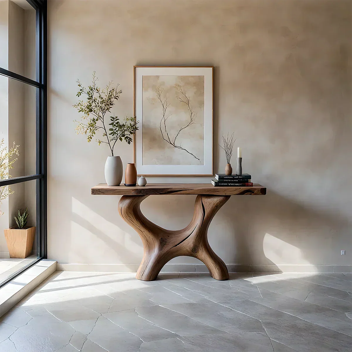 Organic Curved Solid Wood Console Table – Sculptural Minimalist Table - Rustira
