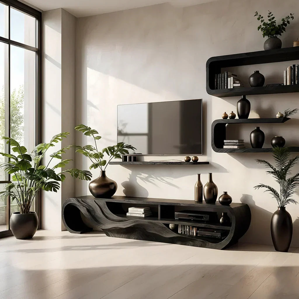 Organic Sculpted Solid Walnut TV Stand - Curved Modern Media Console - Rustira
