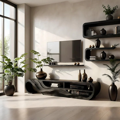 Organic Sculpted Solid Walnut TV Stand - Curved Modern Media Console - Rustira