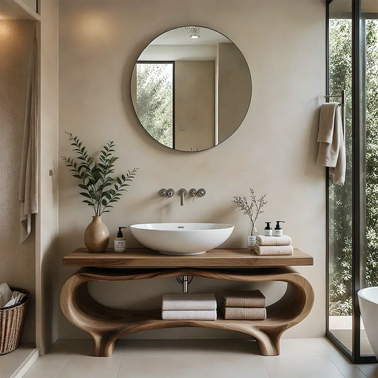 Organic Wave Solid Wood Vanity – Sculpted Open Shelf Spa Console - Rustira