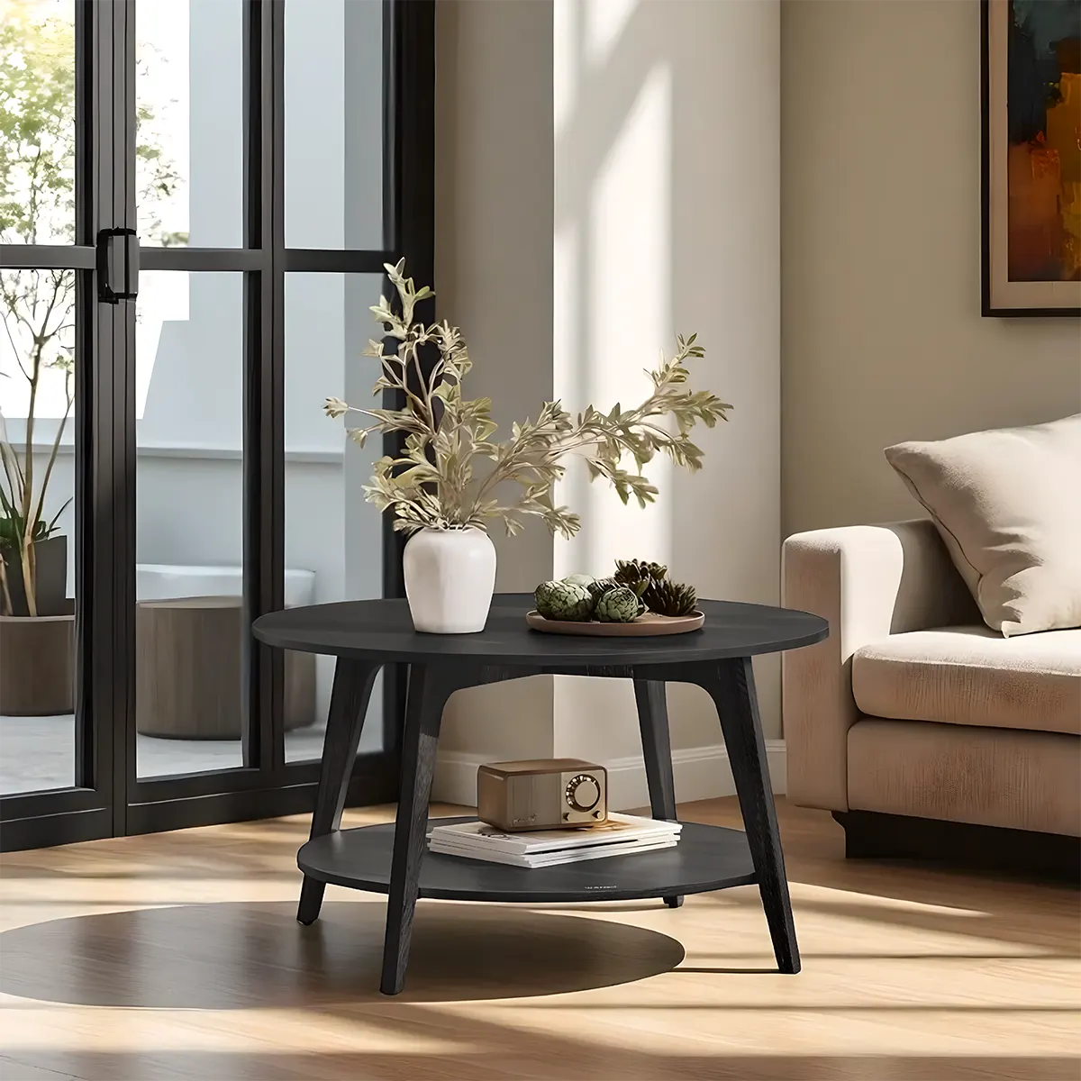 Round Wooden Coffee Table — Minimalist Design, 2 Convenient Tiers 