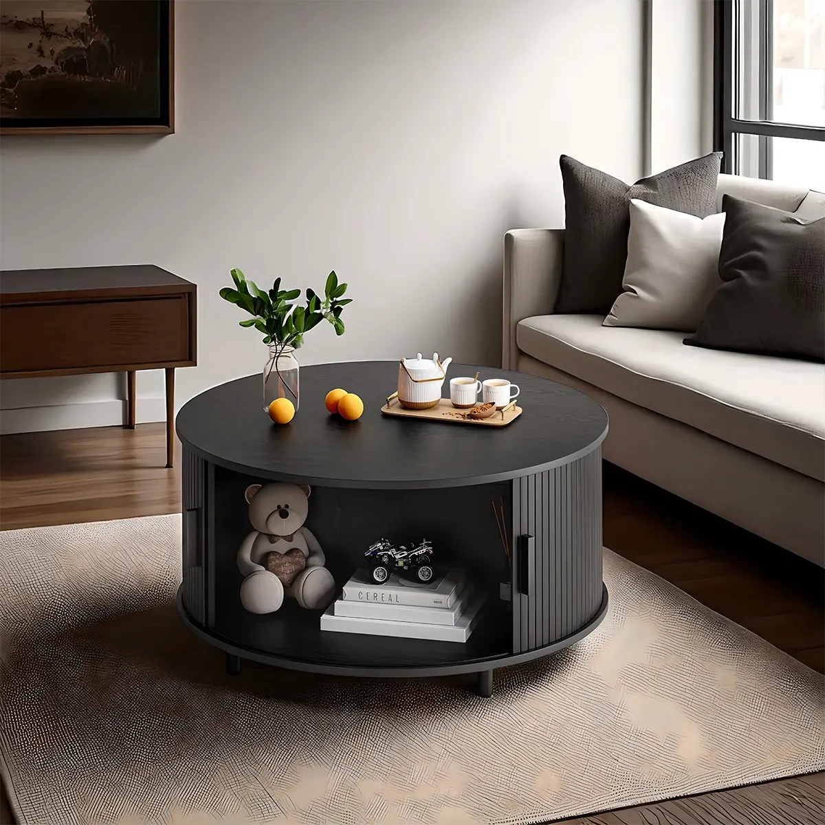 Round Wooden Coffee Table With Drawers, Minimalist and Functional Scandi 