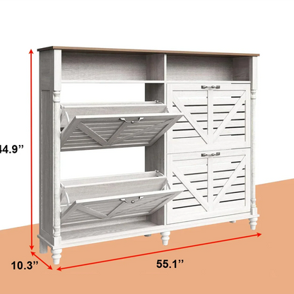 Rustic Farmhouse Shoe Cabinet with Flip Drawers & Storage 