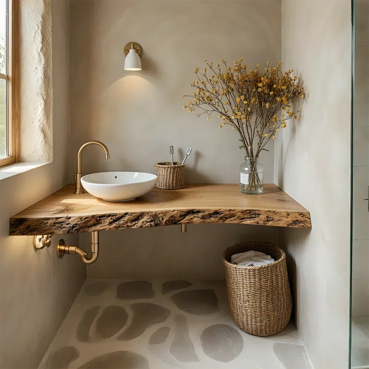 Rustic Live Edge Floating Wood Bathroom Vanity Shelf – Handcrafted - Rustira