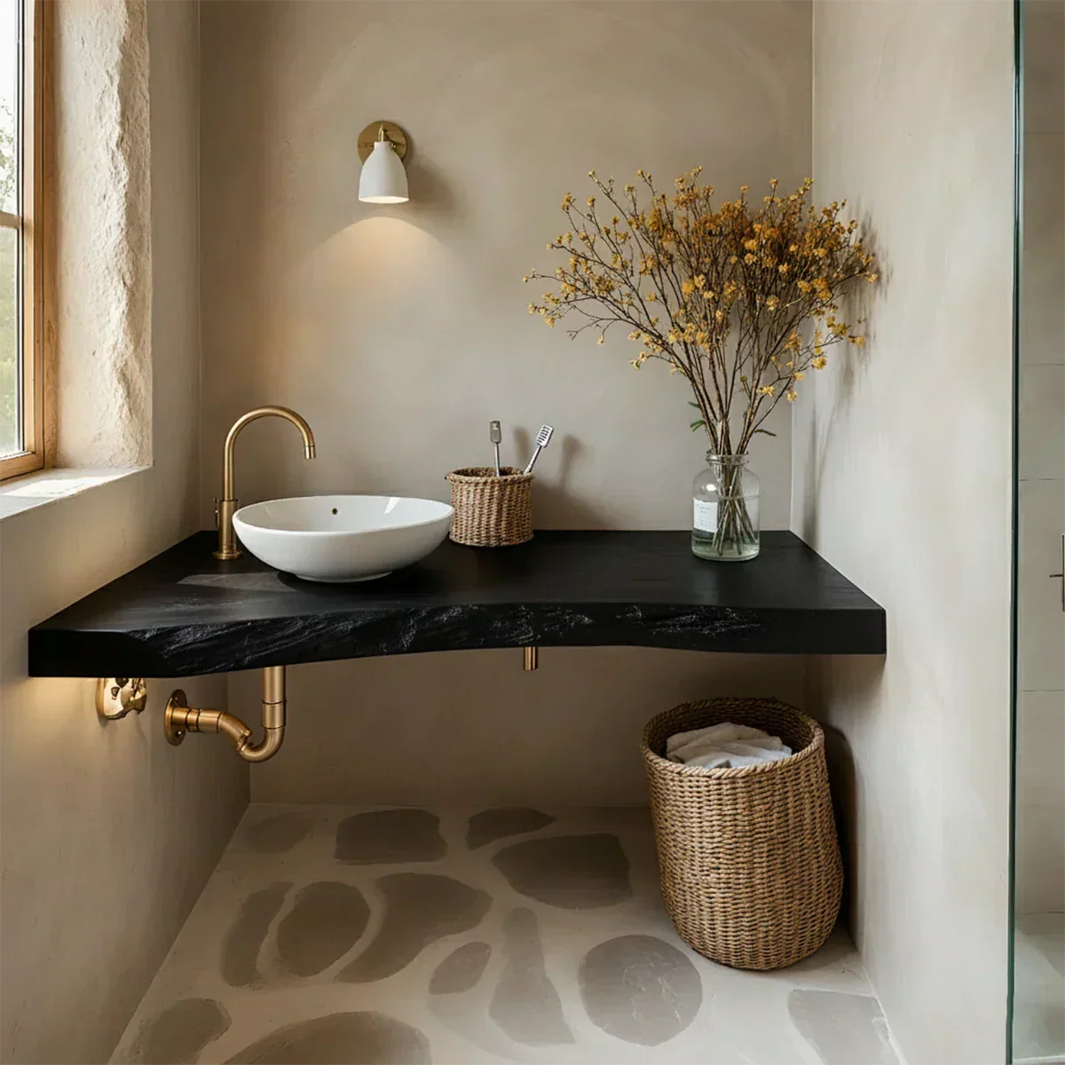 Rustic Live Edge Floating Wood Bathroom Vanity Shelf – Handcrafted - Rustira