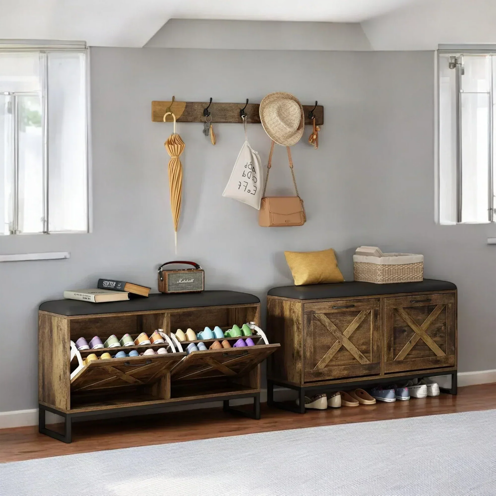 Rustic Shoe Storage Bench with Cushion & Coat Rack – 2 Flip Drawers 