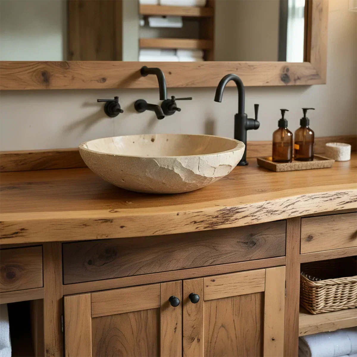 Rustic Solid Wood Bathroom Vanity – Handcrafted Farmhouse Wabi-Sabi Cabinet - Rustira