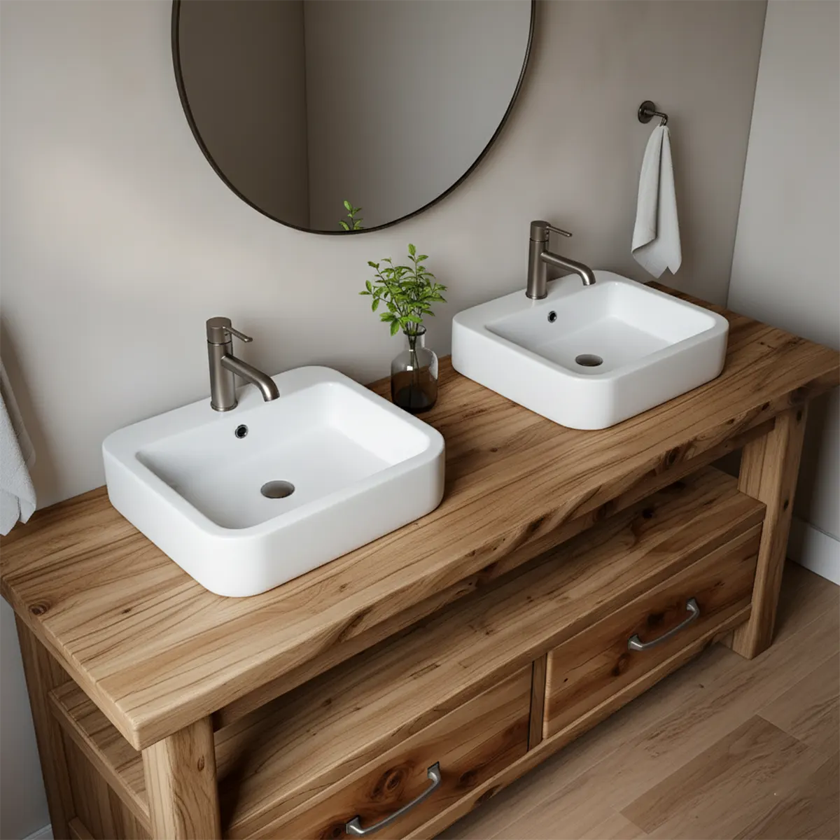 Rustic Solid Wood Double Sink Bathroom Vanity with Open Shelf - Rustira