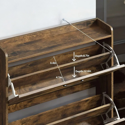 Rustic Wooden Shoe Cabinet with 3 Flip Drawers & Top Shelf 