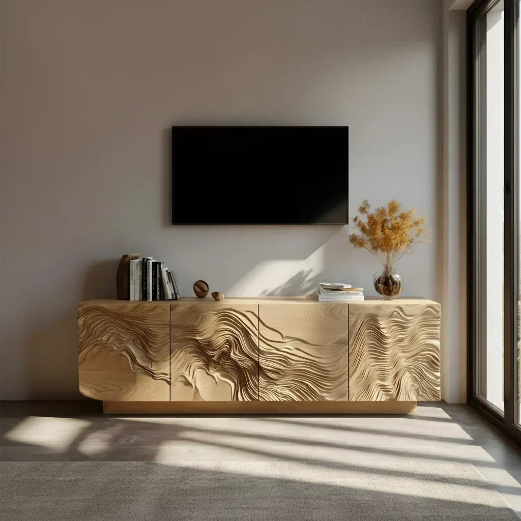 Sculpted Solid Wood TV Stand – Organic Wave Texture Media Console - Rustira