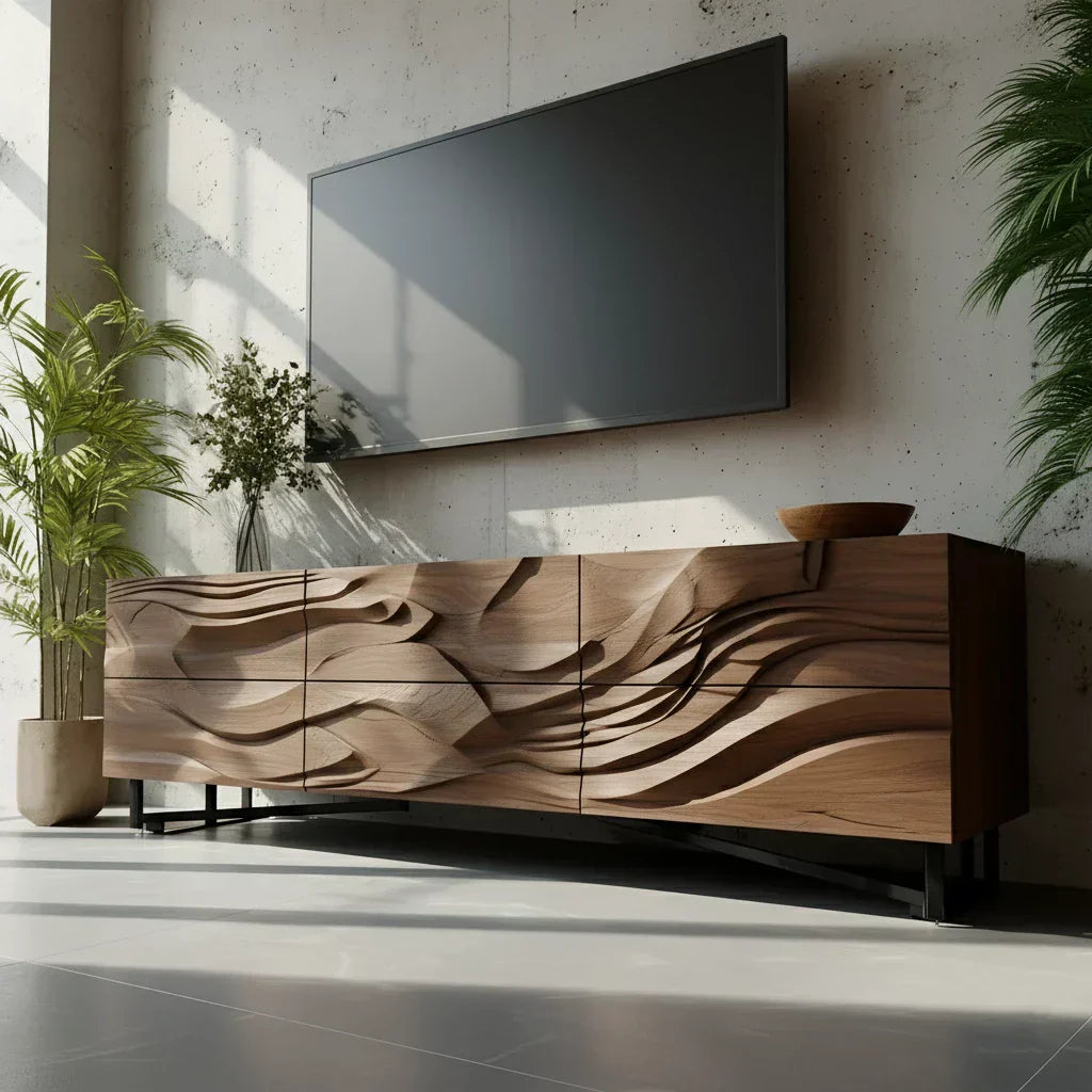 Sculpted Walnut TV Stand – Fluid Organic Modern Media Console - Rustira