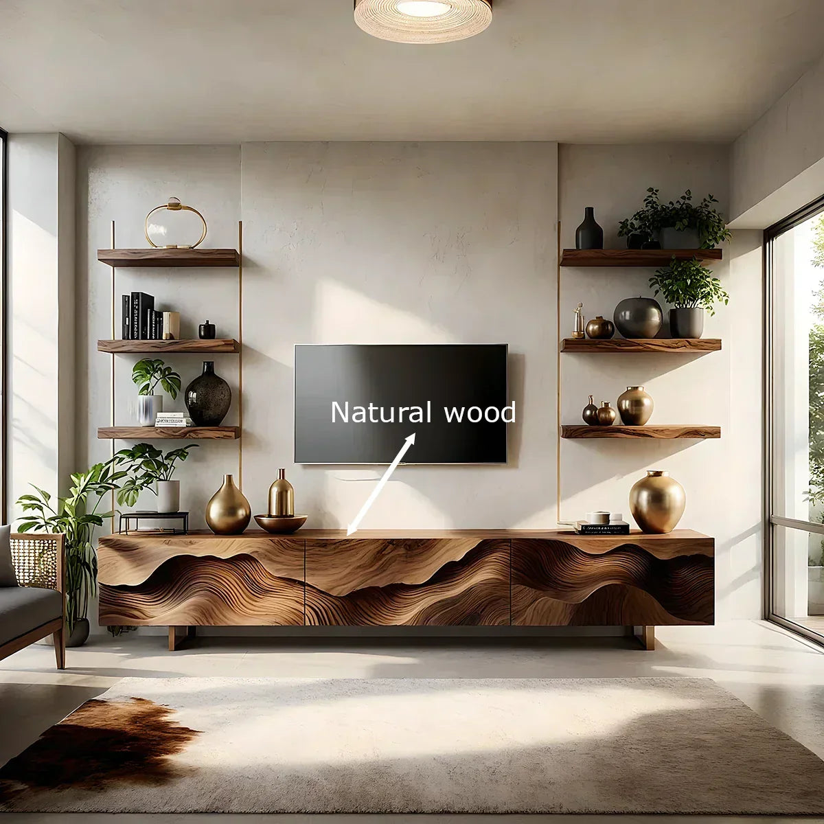 Sculpted Wave Walnut TV Console - Floating Organic Media Cabinet - Rustira
