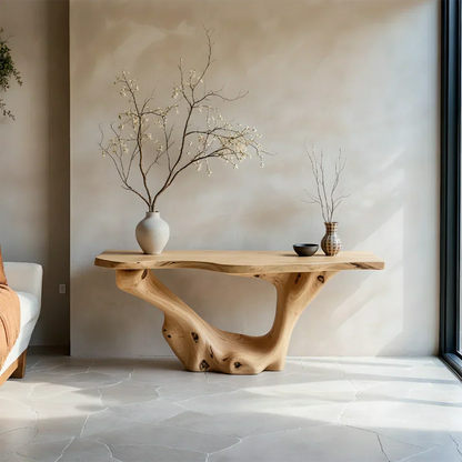 Sculptural Organic Solid Wood Console Table – Art Form Base - Rustira