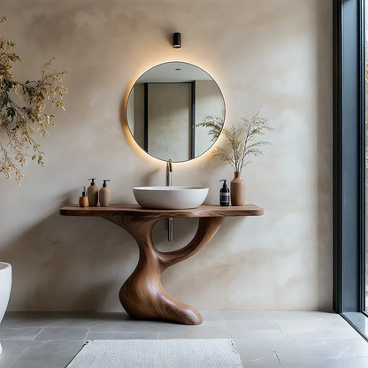 Sculptural Pedestal Wood Vanity – Organic Modern Bathroom Sink Table - Rustira