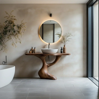 Sculptural Pedestal Wood Vanity – Organic Modern Bathroom Sink Table - Rustira