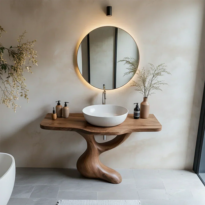 Sculptural Pedestal Wood Vanity – Organic Modern Bathroom Sink Table - Rustira