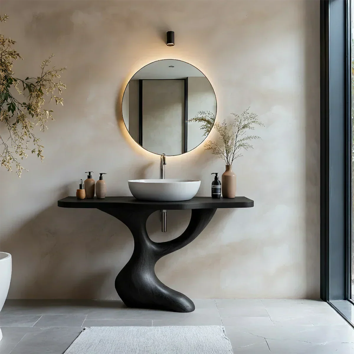 Sculptural Pedestal Wood Vanity – Organic Modern Bathroom Sink Table - Rustira