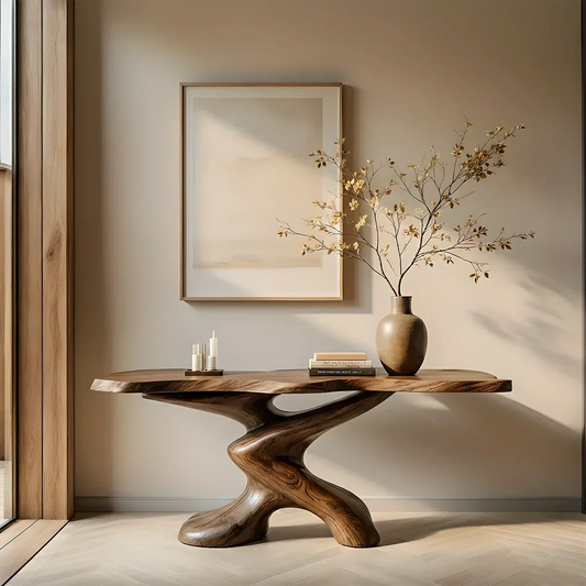 Sculptural Solid Wood Console Table — Organic Japandi Entryway Art Piece - Rustira