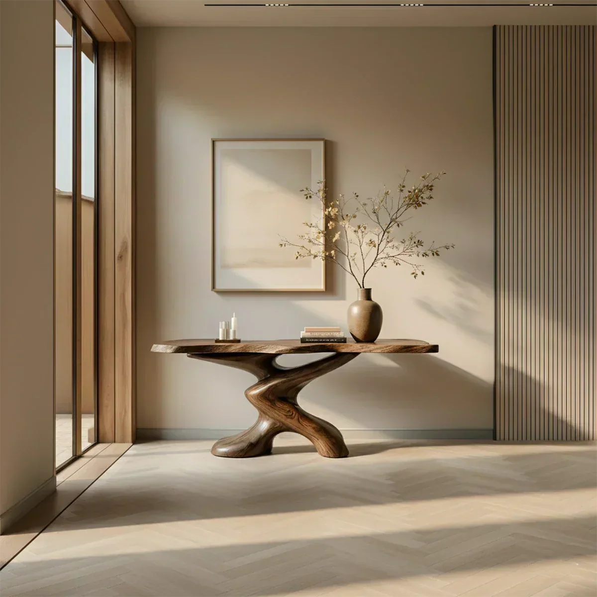 Sculptural Solid Wood Console Table — Organic Japandi Entryway Art Piece - Rustira