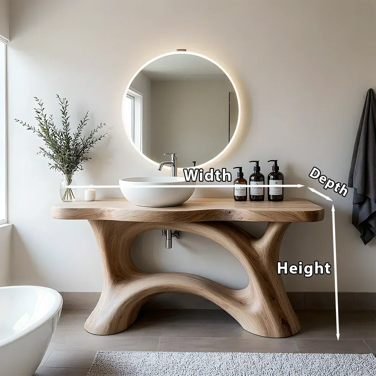 Sculptural Solid Wood Vanity with Organic Arched Base - Rustira