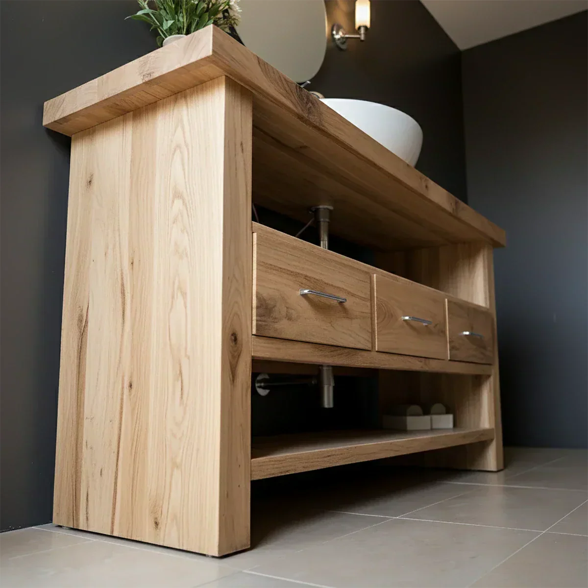 Single Sink Solid Wood Bathroom Vanity – Japandi Minimalist Design - Rustira