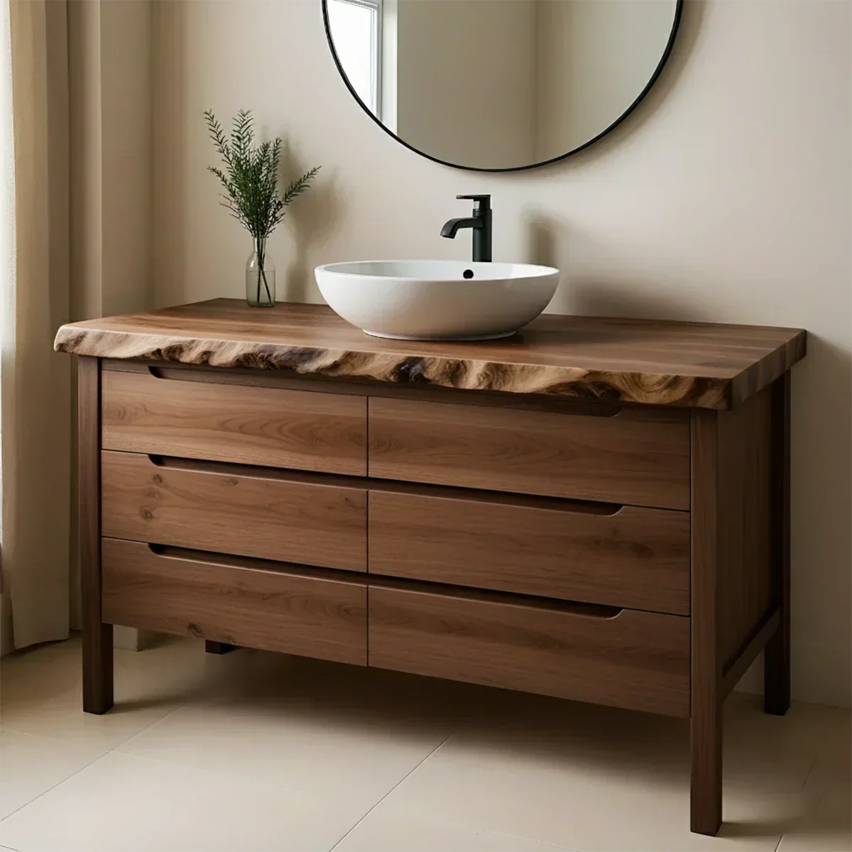 Solid Wood Bathroom Vanity with Live-Edge Countertop - Rustira