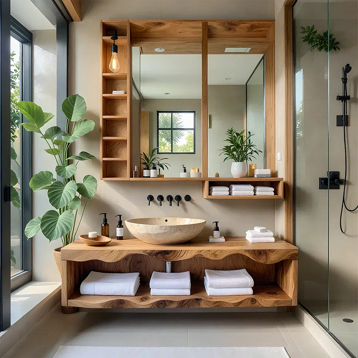 Solid Wood Japandi Vanity | Open Shelf Spa Bathroom Console – My Store