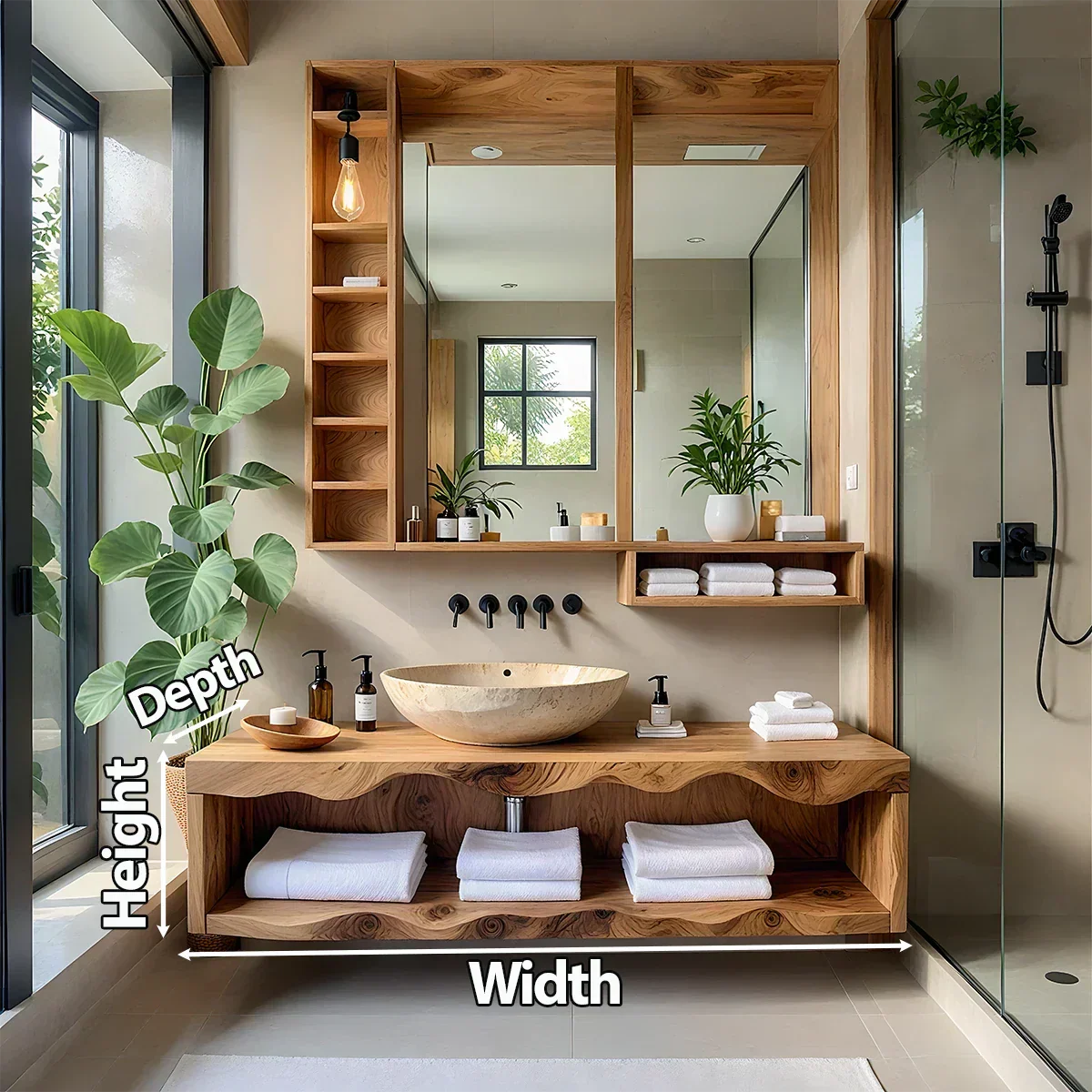 Solid Wood Bathroom Vanity with Open Shelves – Japandi Spa Console - Rustira