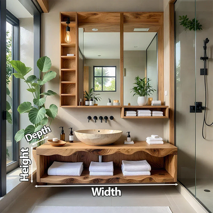 Solid Wood Bathroom Vanity with Open Shelves – Japandi Spa Console - Rustira