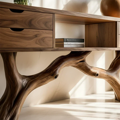 Solid Wood Console Table with Branch-Form Base & Storage Drawers - Rustira