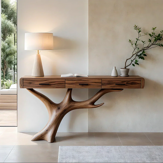 Solid Wood Console Table with Branch-Sculpted Base & Drawers - Rustira