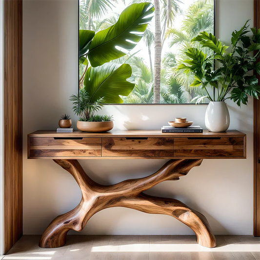 Solid Wood Console Table with Branch-Sculpted Base & Drawers - Rustira