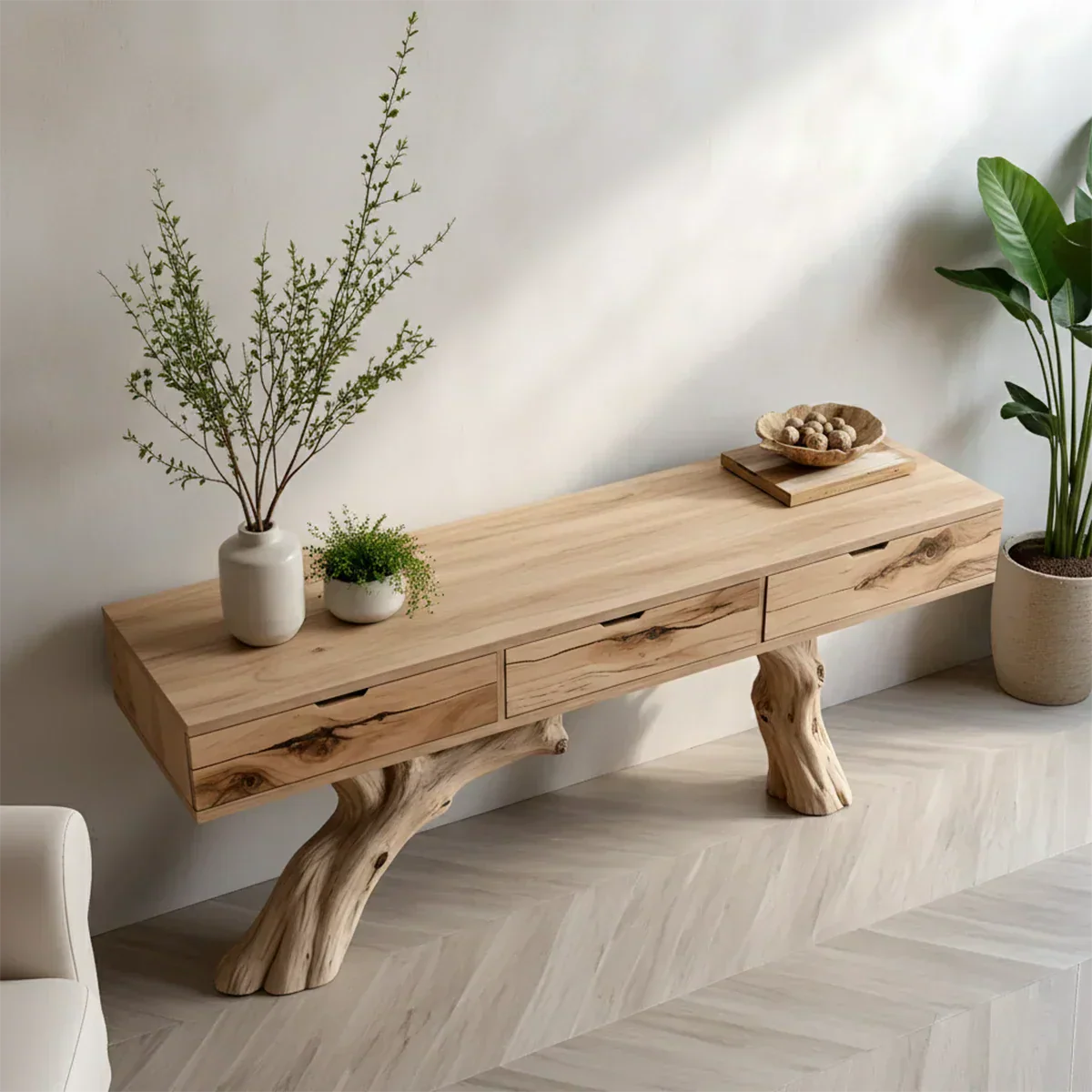 Solid Wood Console Table with Branch-Style Base & Hidden Pull Drawers - Rustira