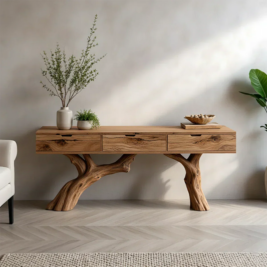 Solid Wood Console Table with Branch-Style Base & Hidden Pull Drawers - Rustira