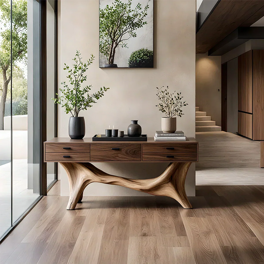 Solid Wood Console Table with Curved Branch Base & Drawers - Rustira