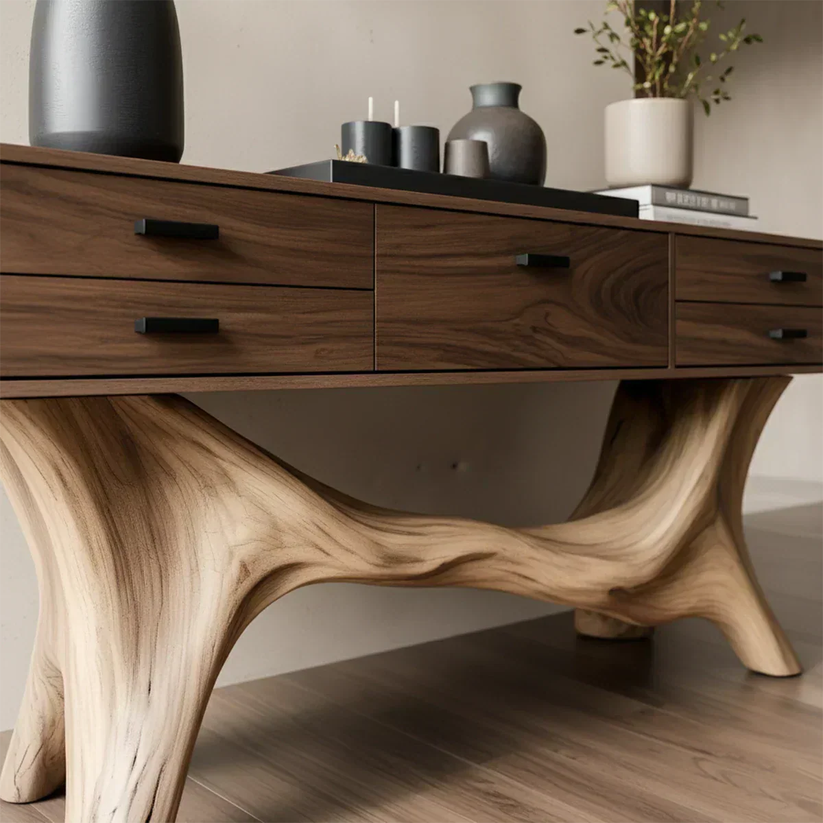 Solid Wood Console Table with Curved Branch Base & Drawers - Rustira