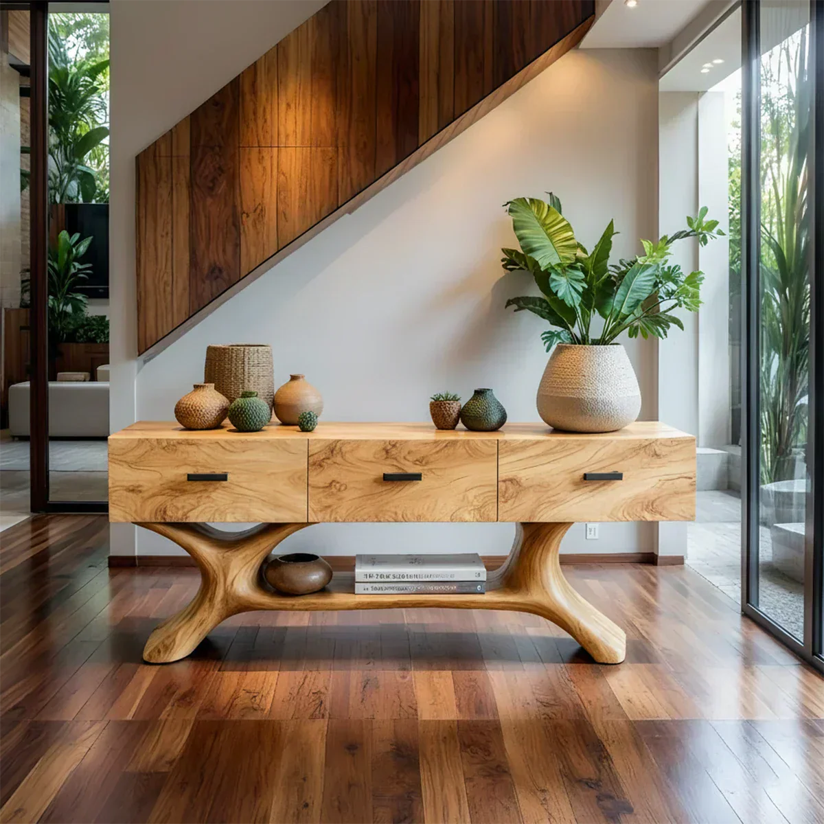 Solid Wood Console Table with Organic Sculptural Base & Drawers - Rustira